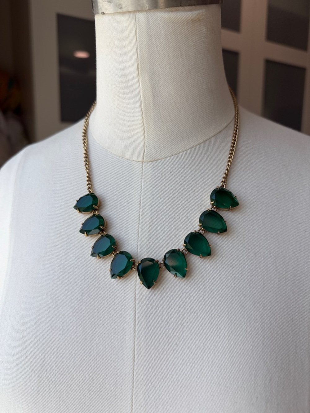 J. Crew Factory Emerald Teardrop Bib Necklace with Gold Chain